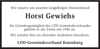 Traueranzeige von Horst Gewiehs von KRZ