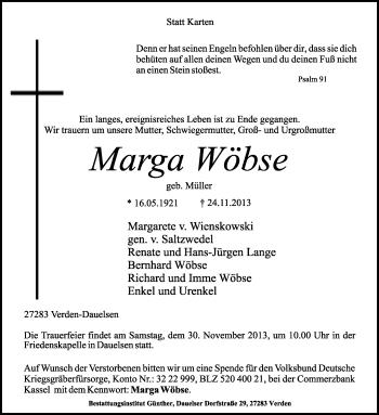 Traueranzeige von Marga Wöbse von KRZ