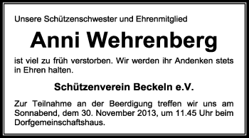 Traueranzeige von Anni Wehrenberg von KRZ