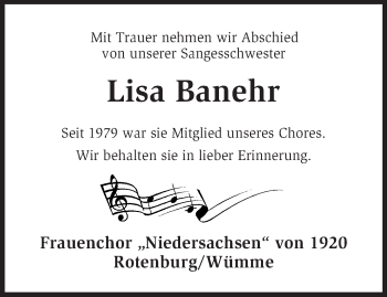 Traueranzeige von Lisa Banehr von KRZ