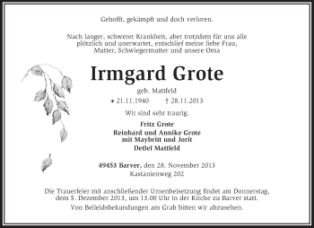 Traueranzeige von Irmgard Grote von KRZ