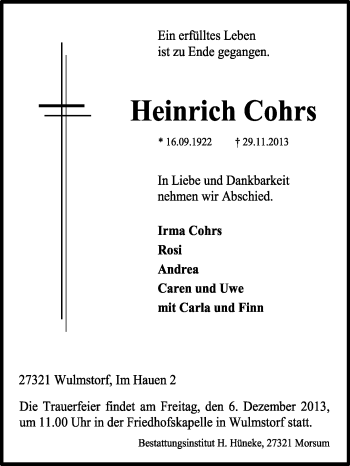 Traueranzeige von Heinrich Cohrs von KRZ