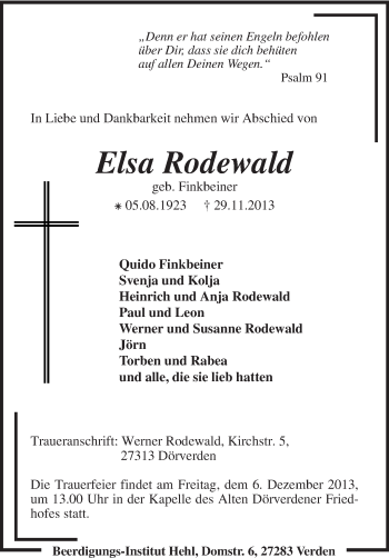 Traueranzeige von Elsa Rodewald von KRZ