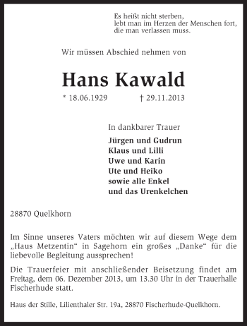 Traueranzeige von Hans Kawald von KRZ