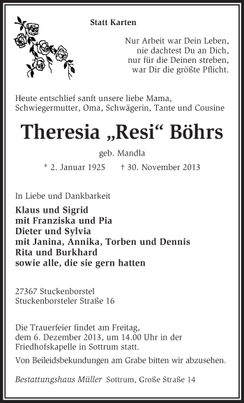 Traueranzeige von Theresia Böhrs von KRZ