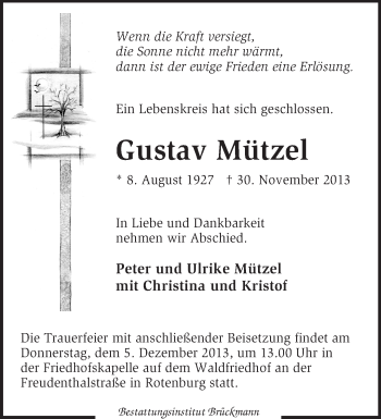 Traueranzeige von Gustav Mützel von KRZ