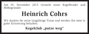 Traueranzeige von Heinrich Cohrs von KRZ