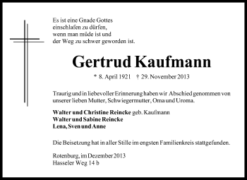 Traueranzeige von Gertrud Kaufmann von KRZ