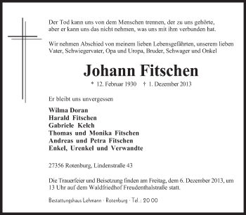 Traueranzeige von Johann Fitschen von KRZ