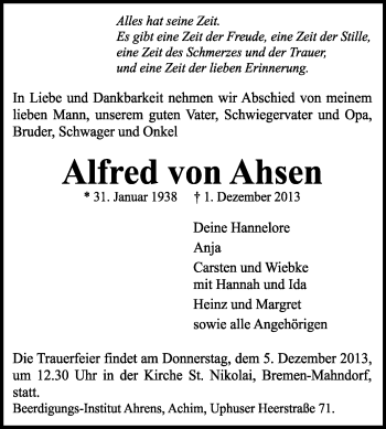 Traueranzeige von Alfred von Ahsen von KRZ