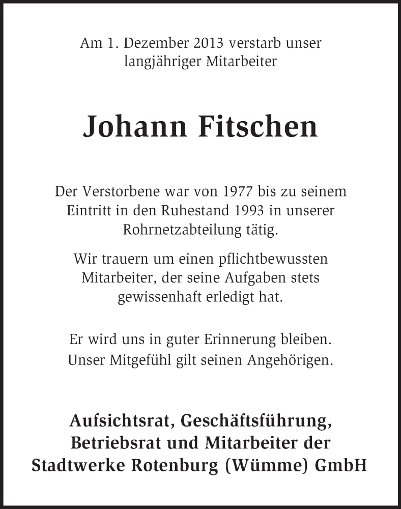  Traueranzeige für Johann Fitschen vom 04.12.2013 aus KRZ