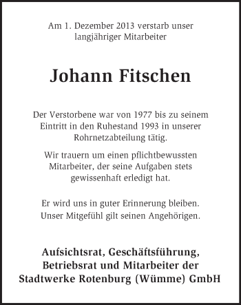 Traueranzeige von Johann Fitschen von KRZ