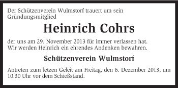 Traueranzeige von Heinrich Cohrs von KRZ