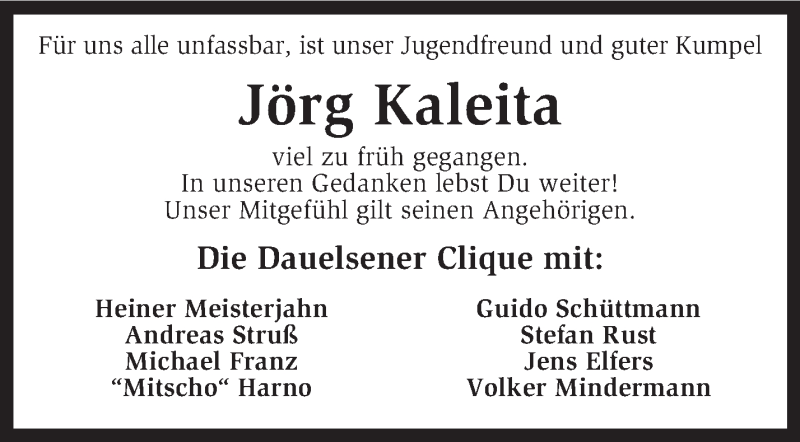  Traueranzeige für Jörg Kaleita vom 07.12.2013 aus KRZ