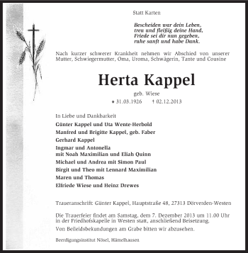 Traueranzeige von Herta Kappel von KRZ