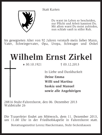 Traueranzeige von Wilhelm Ernst Zirkel von KRZ