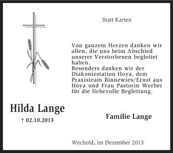 Traueranzeige von Hilda Lange von KRZ