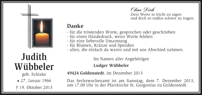  Traueranzeige für Judith Wübbeler vom 07.12.2013 aus KRZ