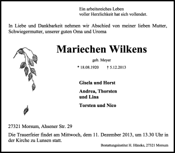 Traueranzeige von Mariechen Wilkens von KRZ