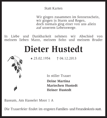 Traueranzeige von Dieter Hustedt von KRZ