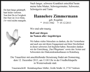 Traueranzeige von Hannelore Zimmermann von KRZ