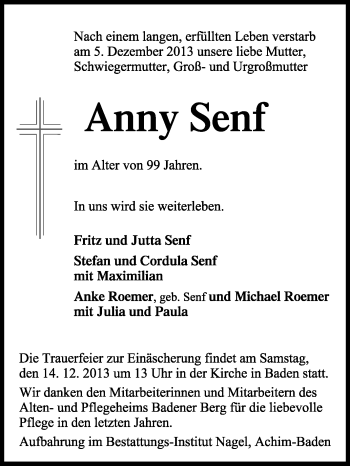Traueranzeige von Anny Senf von KRZ