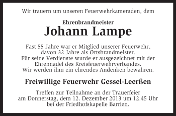 Traueranzeige von Johann Lampe von KRZ