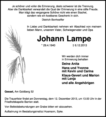 Traueranzeige von Johann Lampe von KRZ