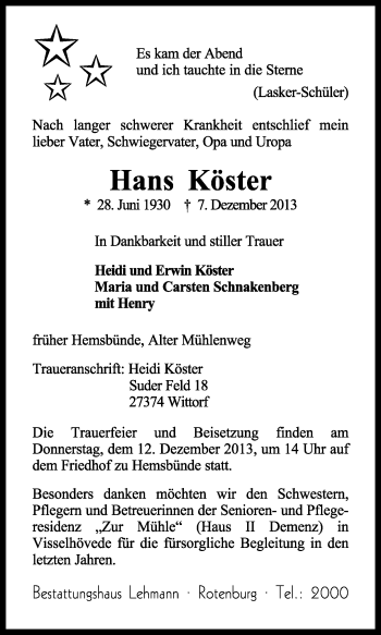 Traueranzeige von Hans Köster von KRZ