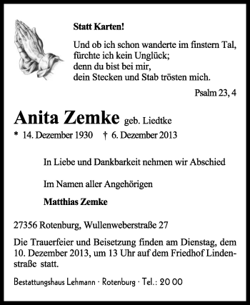 Traueranzeige von Anita Zemke von KRZ