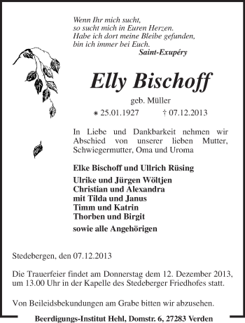 Traueranzeige von Elly Bichoff von KRZ