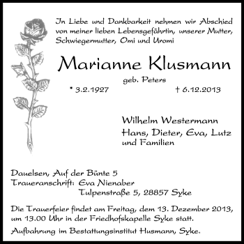 Traueranzeige von Marianne Klusmann von KRZ