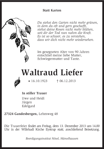 Traueranzeige von Waltraud Liefer von KRZ