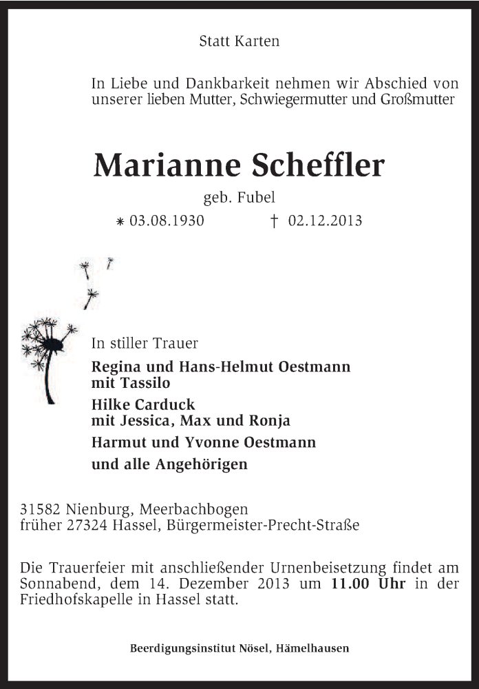  Traueranzeige für Marianne Scheffler vom 10.12.2013 aus KRZ