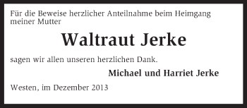 Traueranzeige von Waltraut Jerke von KRZ