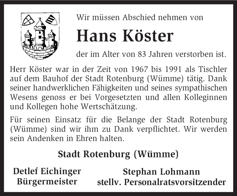  Traueranzeige für Hans Köster vom 10.12.2013 aus KRZ