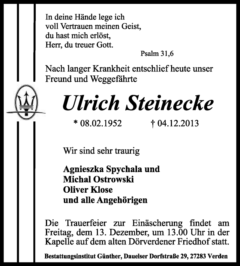  Traueranzeige für Ulrich Steinecke vom 11.12.2013 aus KRZ