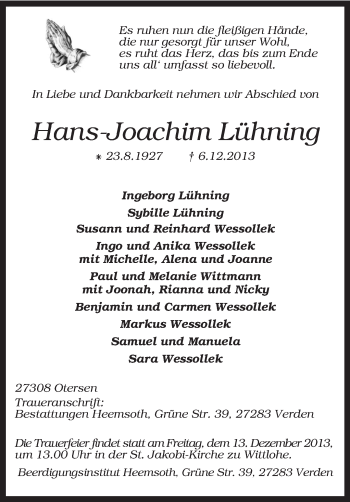 Traueranzeige von Hans-Joachim Lühning von KRZ