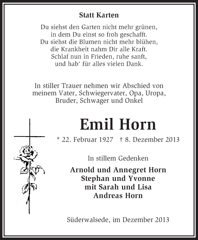  Traueranzeige für Emil Horn vom 11.12.2013 aus KRZ