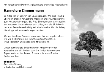 Traueranzeige von Hannelore Zimmermann von KRZ