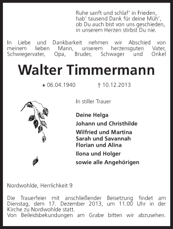 Traueranzeige von Walter Timmermann von KRZ