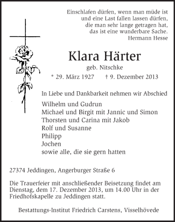 Traueranzeige von Klara Härter von KRZ