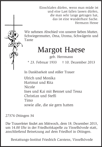 Traueranzeige von Margot Haese von KRZ