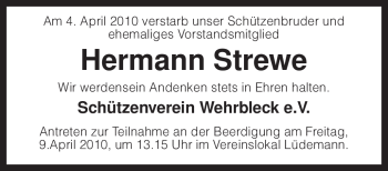 Traueranzeige von Hermann Strewe von KREISZEITUNG SYKE