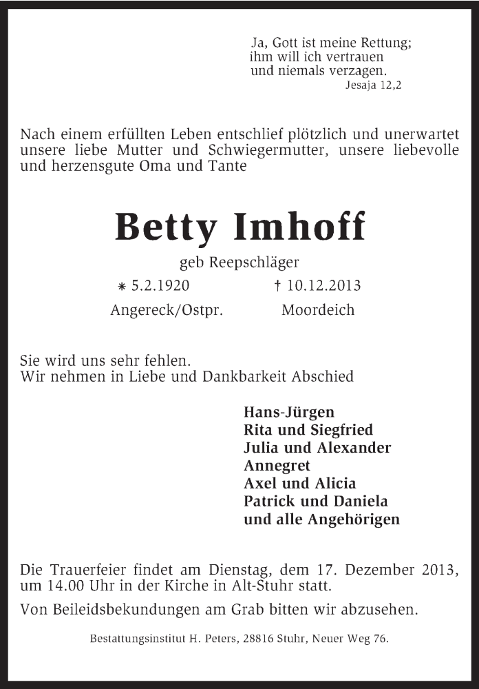  Traueranzeige für Betty Imhoff vom 13.12.2013 aus KRZ