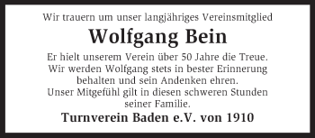 Traueranzeige von Wolfgang Bein von KRZ