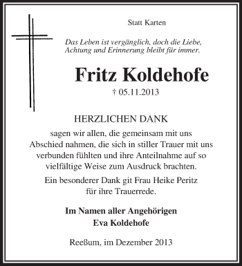 Traueranzeige von Fritz Koldehofe von KRZ