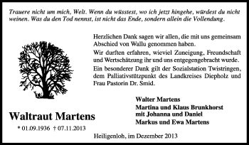 Traueranzeige von Waltraut Martens von KRZ