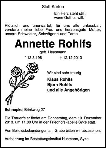 Traueranzeige von Annette Rohlfs von KRZ