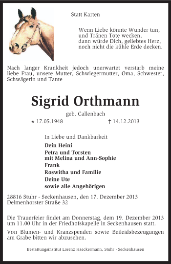 Traueranzeige von Sigrid Orthmann von KRZ